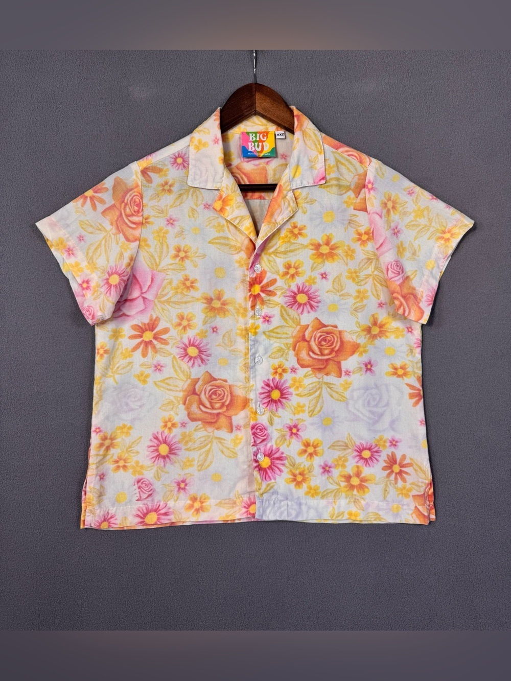Big Bud Press Floral Button-Up Shirt, Relaxed Fit, Yellow & Pink Ethereal Roses